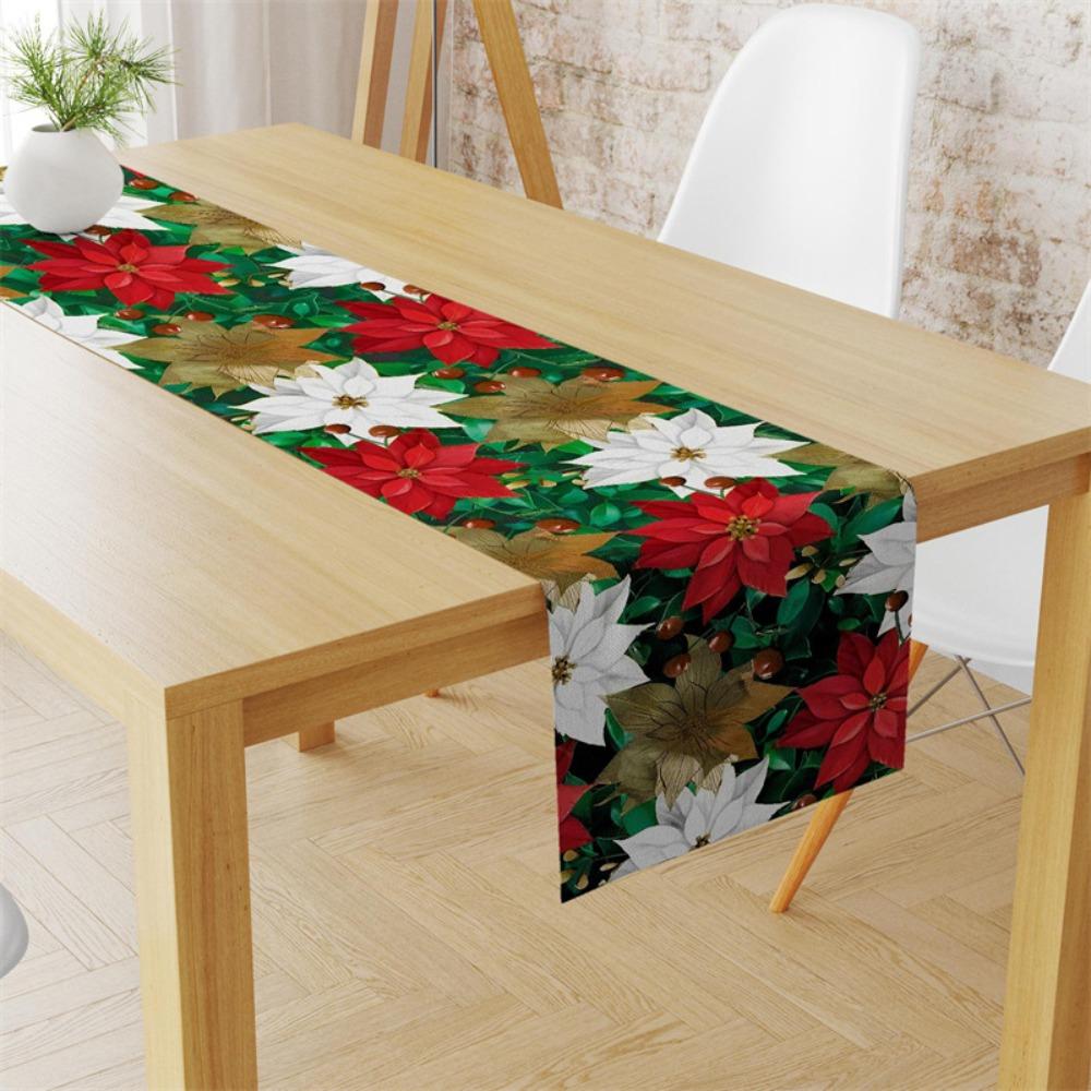 Festive Christmas Table Runner with Holiday Print Linen Table Cover for Home Decor