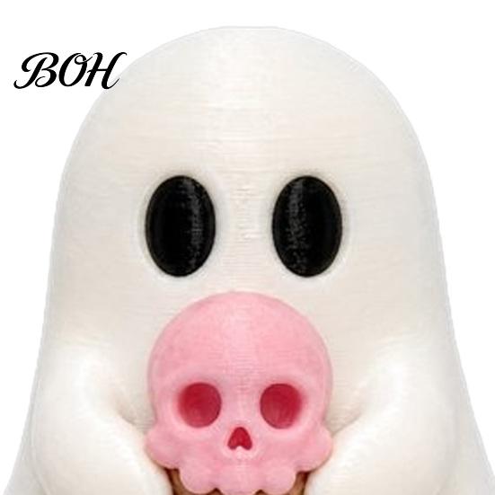 Decorative Skull Crafts Halloween Mini Ghost Figurine, 3D Printed White Statue with Personalized Gifts Pink Ice Cream, Cute Desktop Ornament for Home