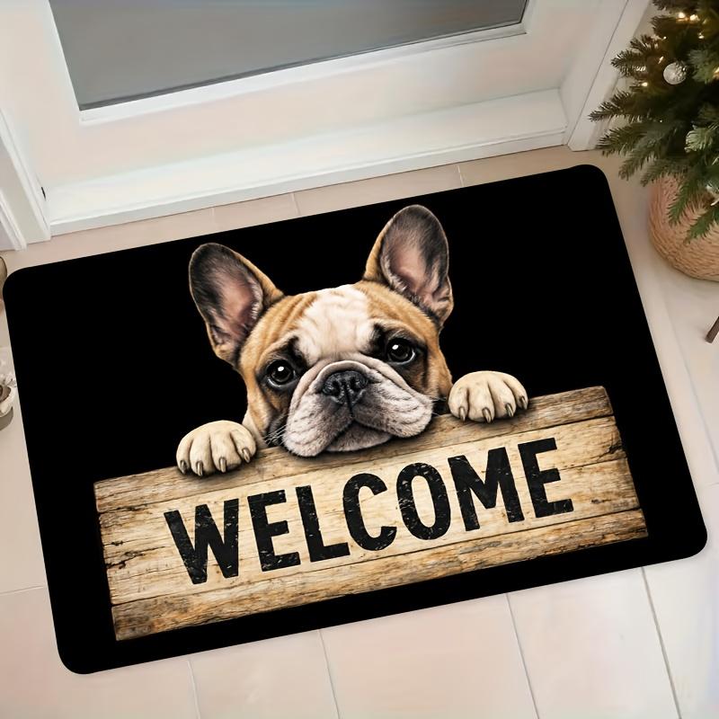 1pc Flannel Mat French Bulldog Welcome Sign Pattern Entrance Door Hallway Bedroom Non-Slip Water-Absorbing Home Decor Mat Black Base Cute Dog Mat