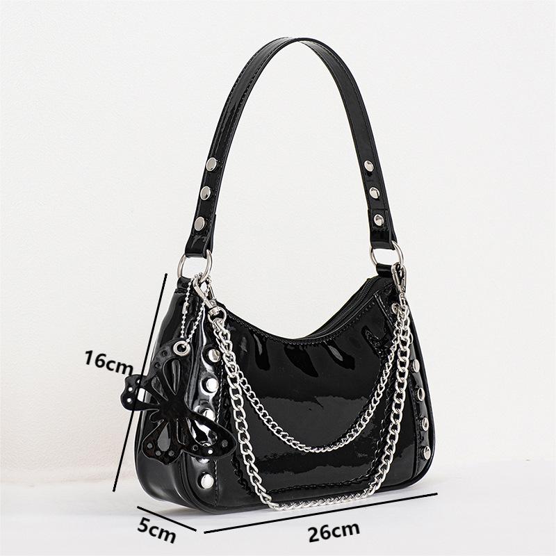Fashion Women Chain Rivet Shoulder Bags Female Butterfly PU Leather Zipper Underarm Bags Cool Girls Punk Handbags Purse