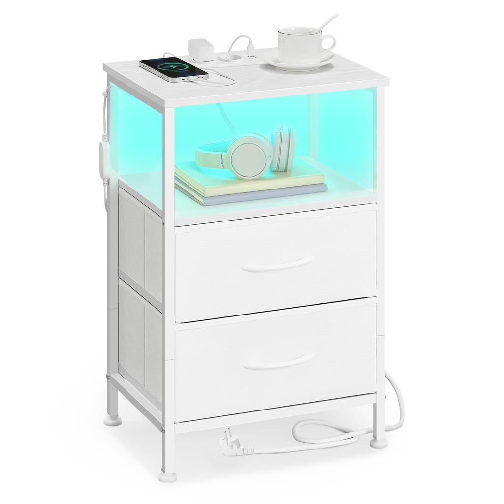 SONGMICS BELLAH Collection LGS302WH03 Bedside Table with Charging Station, Side Table with App Controlled, Adjustable LED Lighting