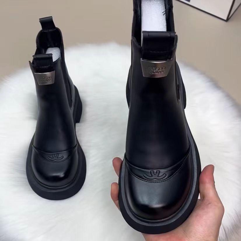 Cizme de piele până la genunchi pentru femei, de toamnă/iarnă 2025, cu căptușeală fleece subțiatoare - Stil britanic Martin Fashion