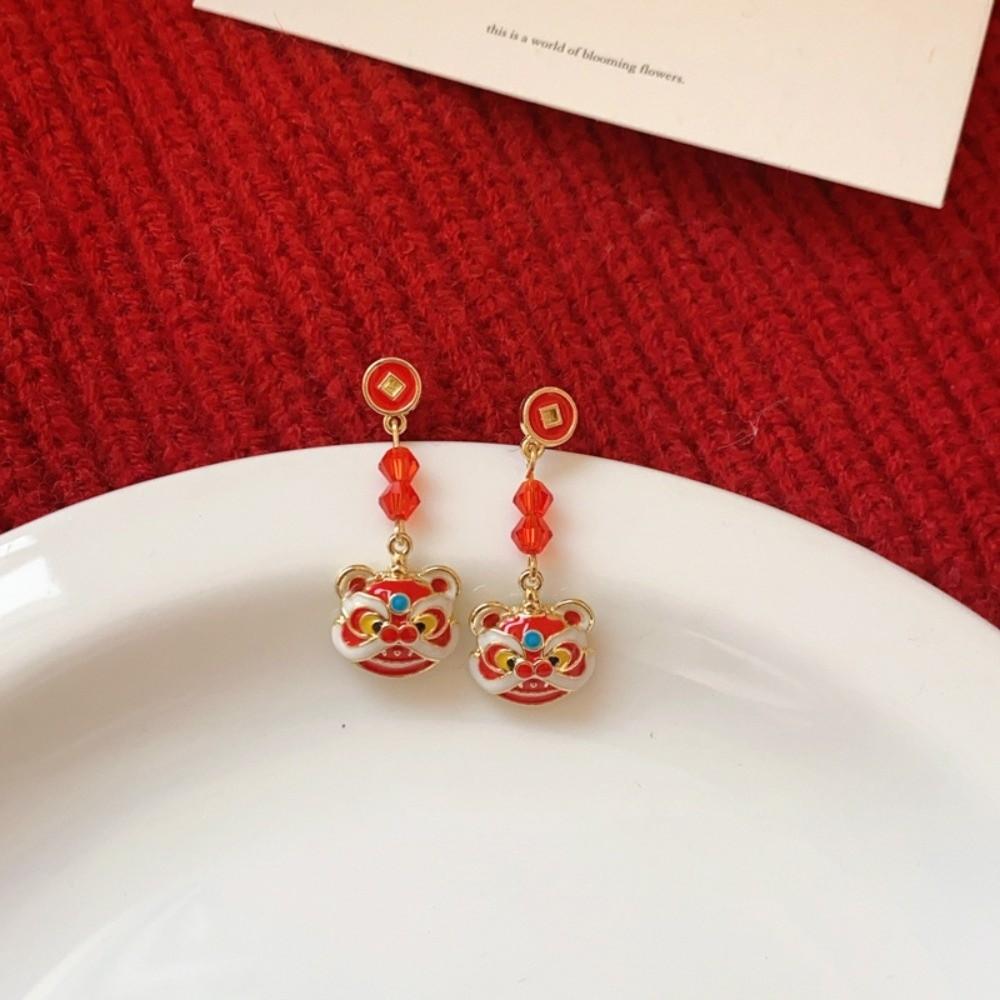 Cartoon Lion Dance Ear Studs Awakened Lion Drop Earrings Retro Tassel Lion Dance Earrings  Wedding