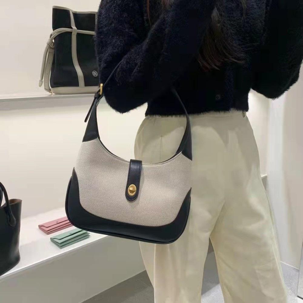 2023 Korean Retro French Canvas Contrast Color One-Shoulder Handbag for Women чёрный