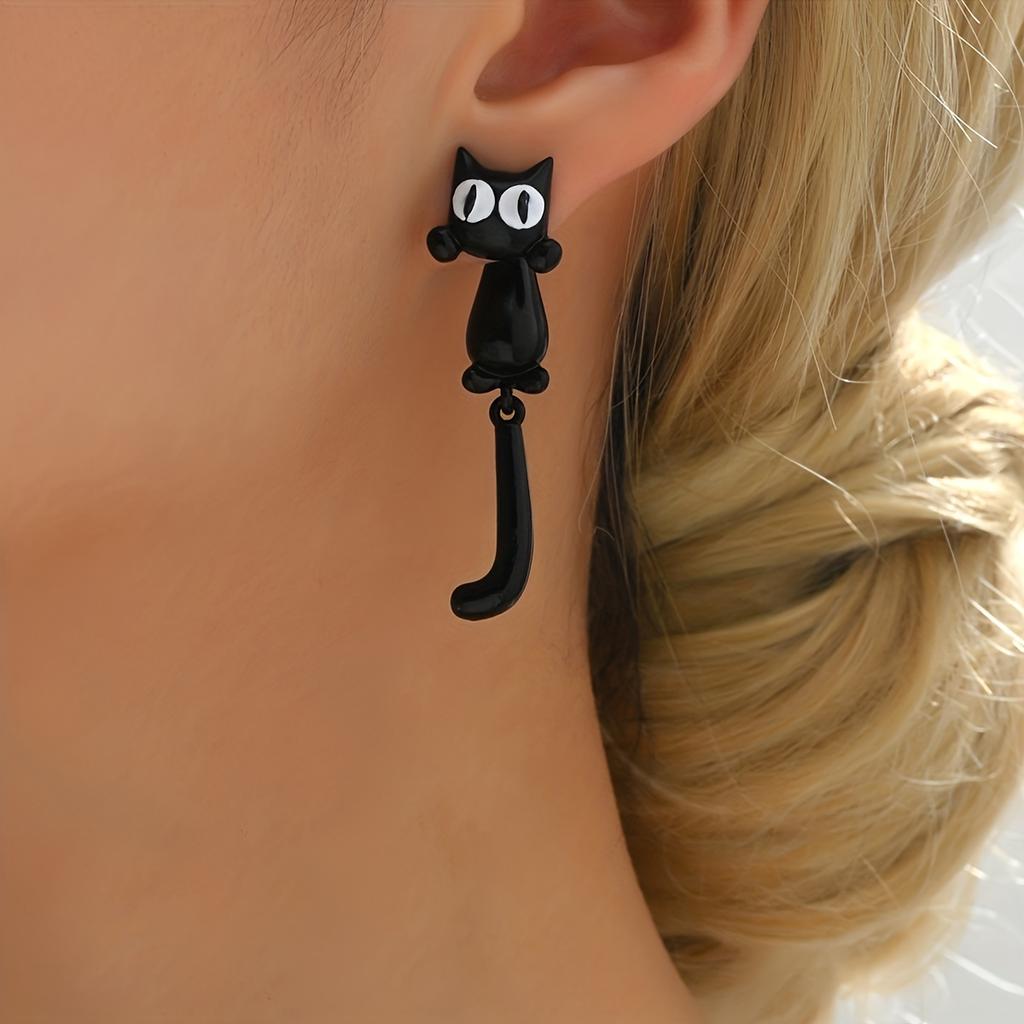 Cute Unique Cartoon Big Eye Cat Earrings Girls Sweet Heart Student Travel Wear Metal Drop Dangle Earrings Fashion Trendy Jewelry