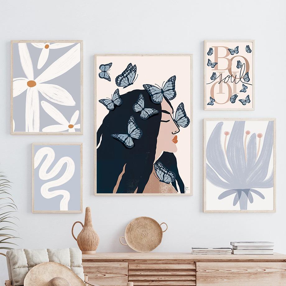 Mädchen Schmetterling Blume Vase Linien Wandkunst Leinwandbild Abstrakte Poster und Drucke Hotel Bar Wandbilder Wohnzimmer Dekoration