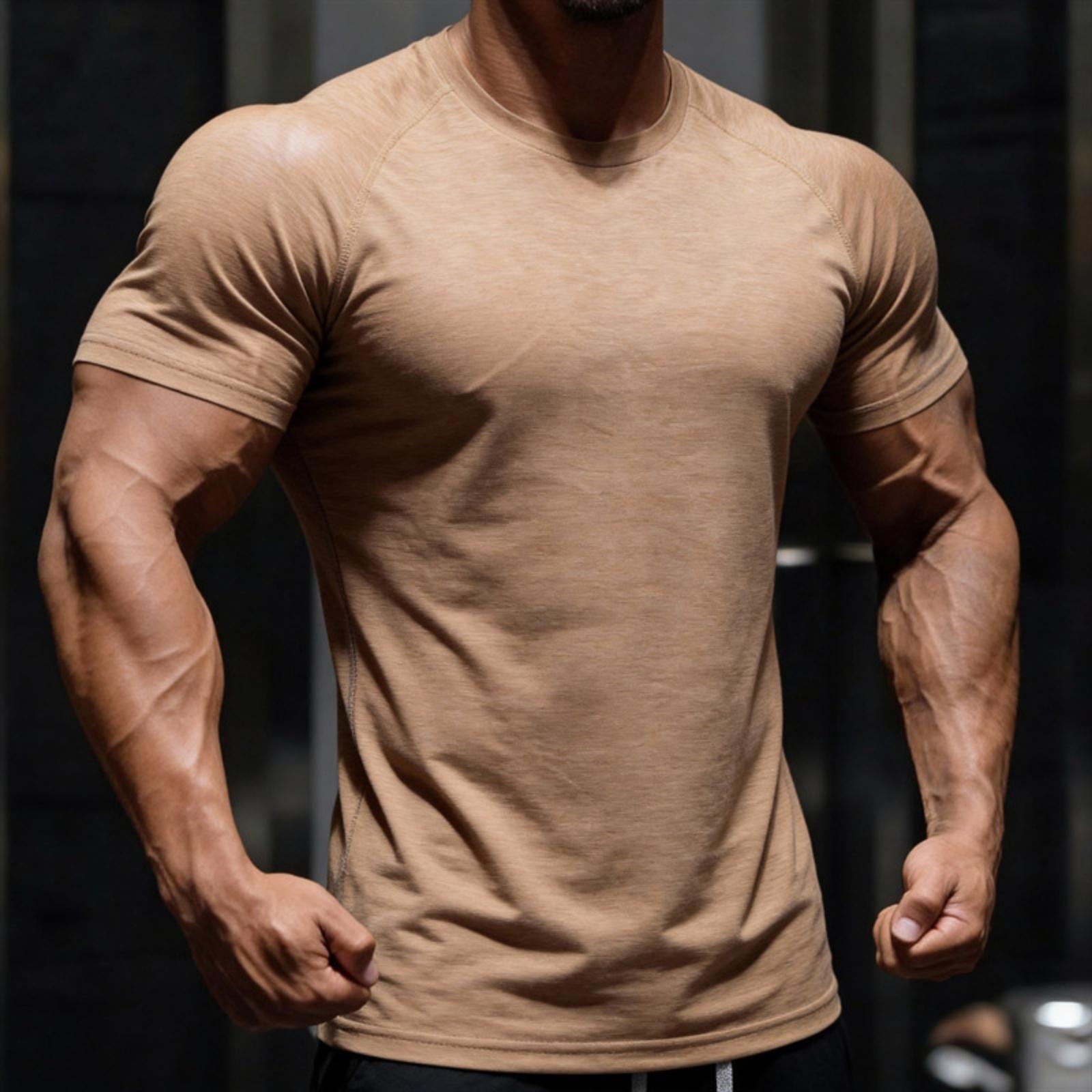 

Men s Casual Sports American- -color Fitness T-shirt - Men s Round-neck Tight Short-sleeved Top XXL хакі