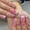 3D Pink Flower Leopard Print Detachable Wearable Nail Tips - European & American Design