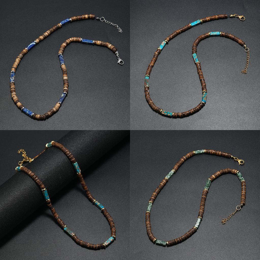 Retro Halskette Kreativer Trendiger Halsschmuck Aus Braunen Kokosnussschalenholzperlen Und Natursteinanhänger