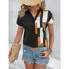 New Summer Women's Shirt V-neck Color-blocked Short-sleeved Casual and Comfortable Top