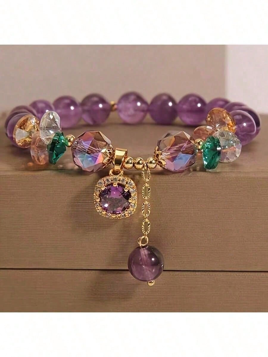 

Classic Amethyst Bead Bracelet With Cubic Zirconia Rough Decoration, Non Painted Fashionable Jewelry, Suitable For Women s Daily Wear And Gift Giving фіолетовий