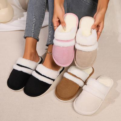 New Plush Fur Slippers Home Women Winter Fluffy Faux Fur Collar House Slippers Furry Memory Foam Slides Indoor Outdoor