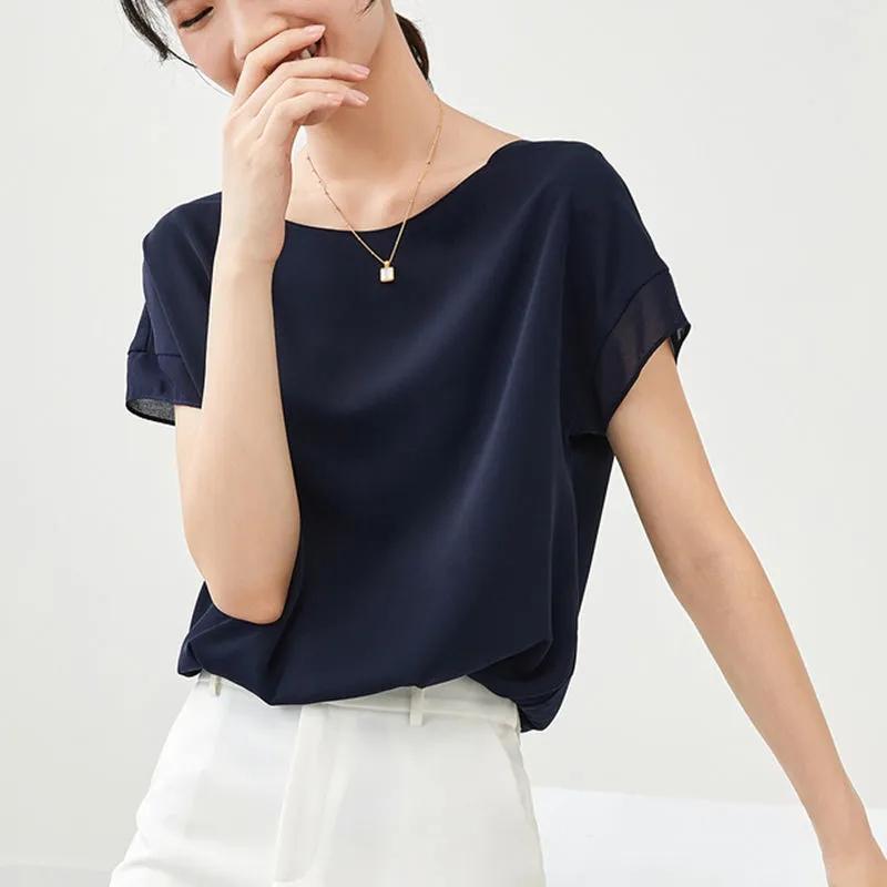 Temperamentní šifonová košile pro ženy letní tenký top s krátkým rukávem šitý rukáv pulovrová halenka jednobarevná volná ležérní univerzální halenky top