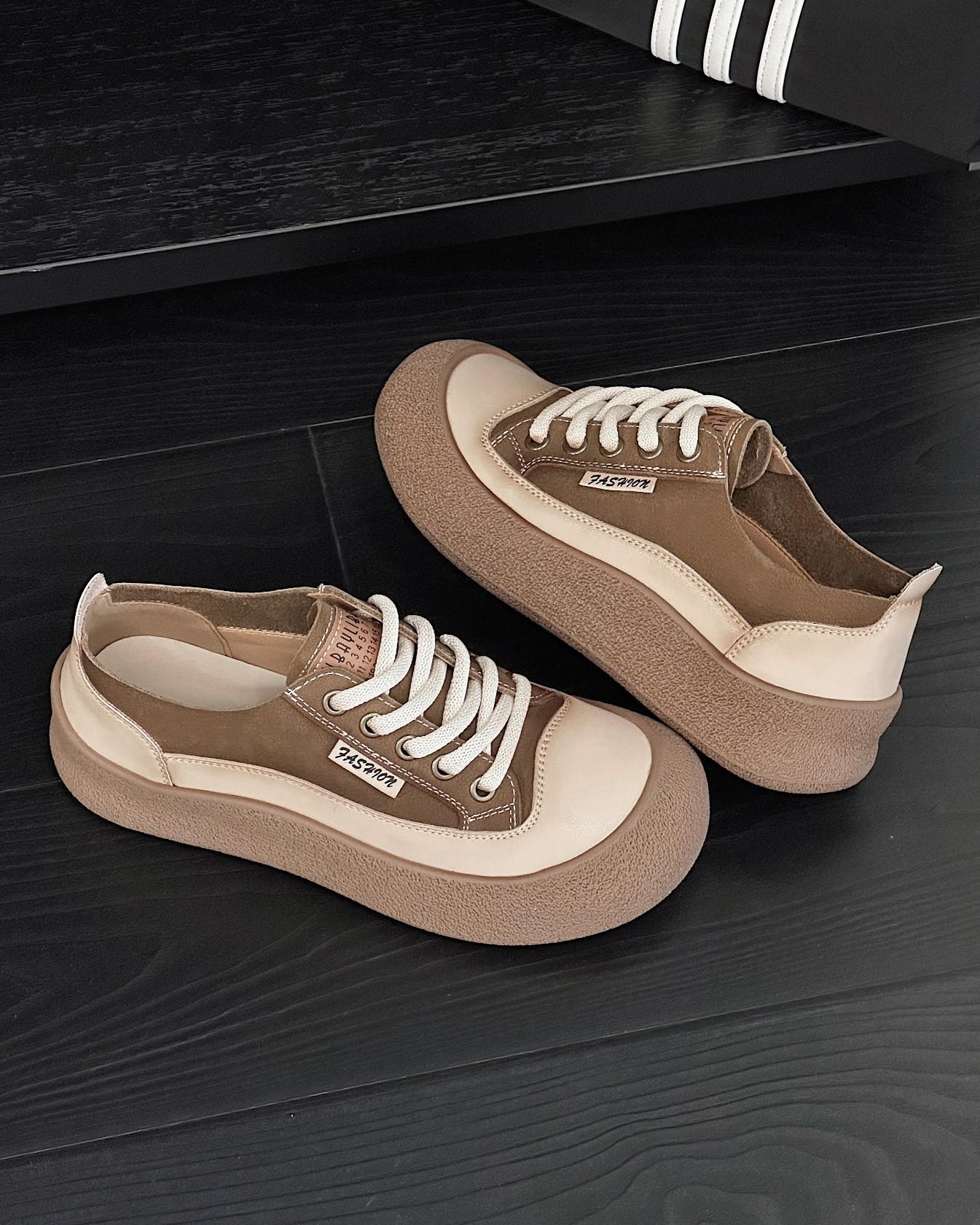 

Первый слой коровьей кожи ретро маленькие белые туфли женские на плоской подошве 2025 новые весна и лето толстая подошва одинарная обувь спортивная и повседневная доска с 40 хаки