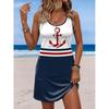 Ärmelloses Damen-Minikleid mit Rundhalsausschnitt, A-Linie, Print, Weiß Rot Blau, Locker, Lässig, Sommer, Strandurlaub