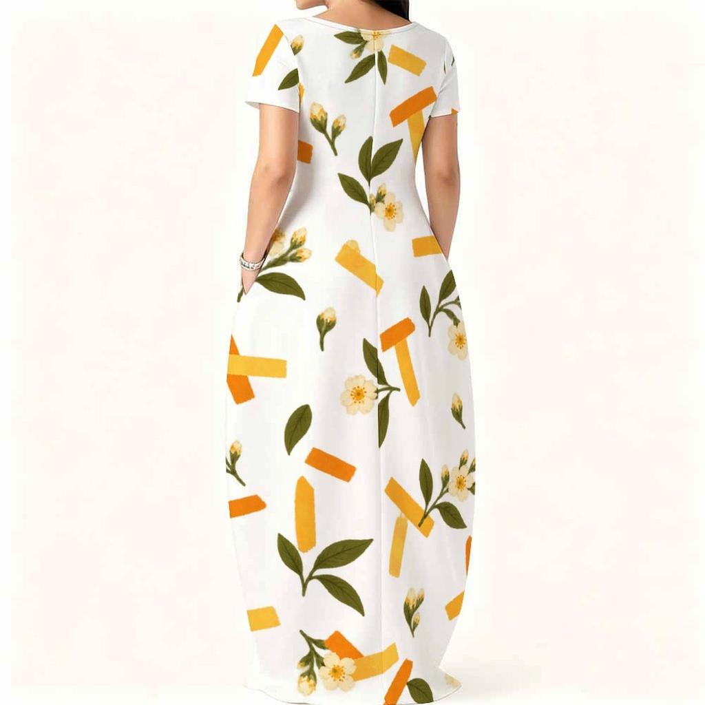 Women Plus Size Round Neck Short Sleeve Floral Printed White Maxi Dress With Side Pockets