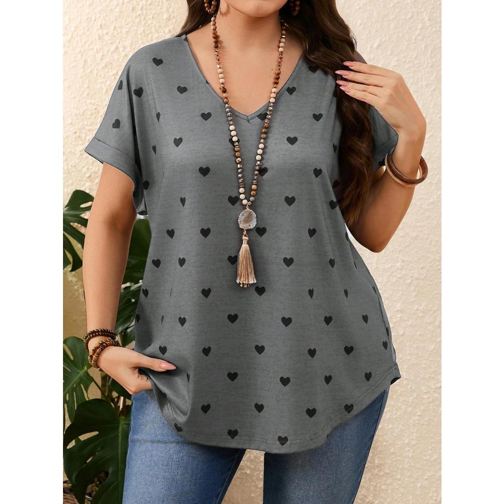 Plus Size Heart Design Pattern Printed T-shirts Summer Fashionable High Quality Short Sleeved Casual Sports V-Neck Pullover Tops
