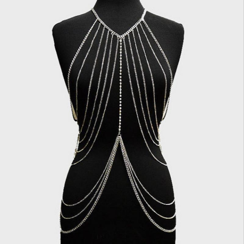 Catena Corpo Multi-strato Donna Harness Catena Petto Femminile Accessori Sexy Lucidi Gioielli Vita Decorazione Corpo