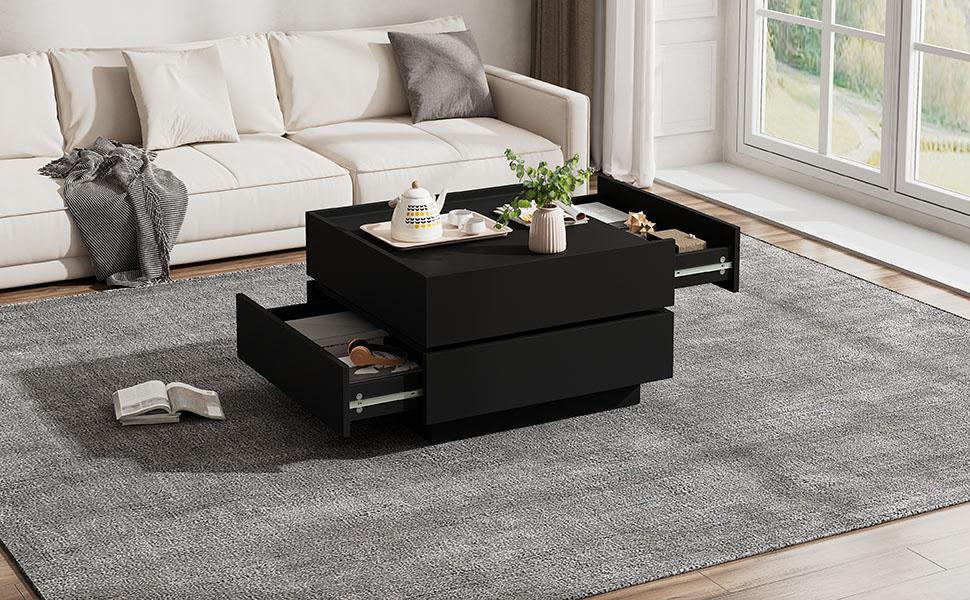Functional Coffee Table for the Living Room, 360 degrees Rotatable, Rotating Tabletop with 2 Shelves and Storage Space, Side Table Frame Black
