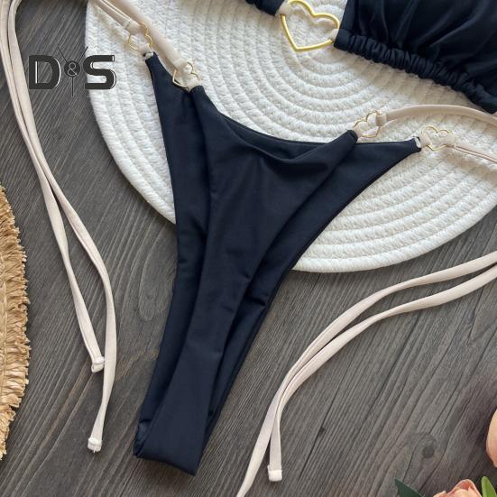 2Pcs/Set Women Bikini Set Heart Metal Buckle Halter Lace-up Swimsuit with Briefs Set Quick Drying Beachwear