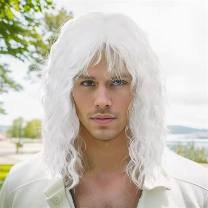 Synthetic Natural White Wig Long Curly Hair for Men Daily Use Layer Wigs with Bangs Cancer Patient Gift Outfits Costume