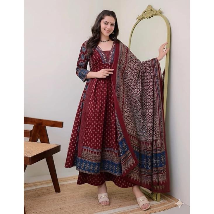 Women Anarkali Kurti Pant Dupatta Set Indian Bollywood Ethnic Kurta Set Dress