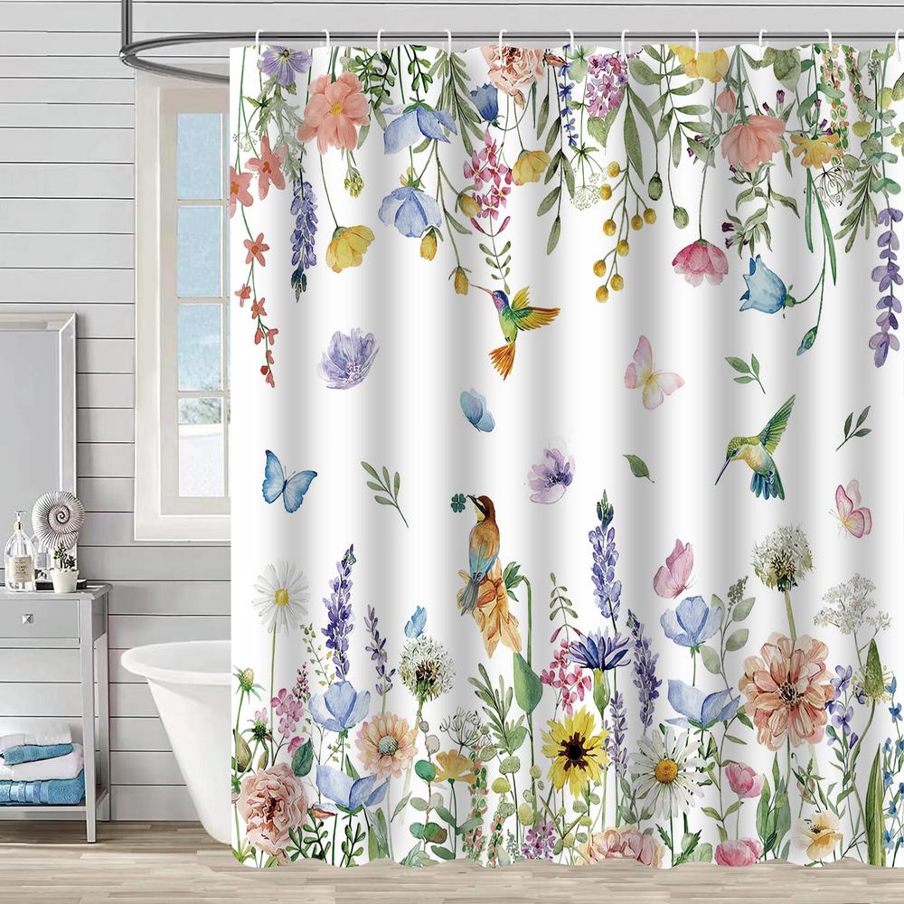 Bathroom Floral Shower Curtain, Retro Flower Farmhouse Flower Plant Butterfly Animal Bohemia, Bathtub Shower Curtain With Hooks