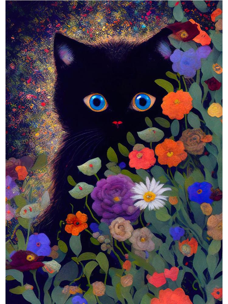 

Абстрактная черная кошка в цветах плакат милое животное настенная художественная картина холст картина для гостиной дома скандинавское украшение 21x30cm No Frame