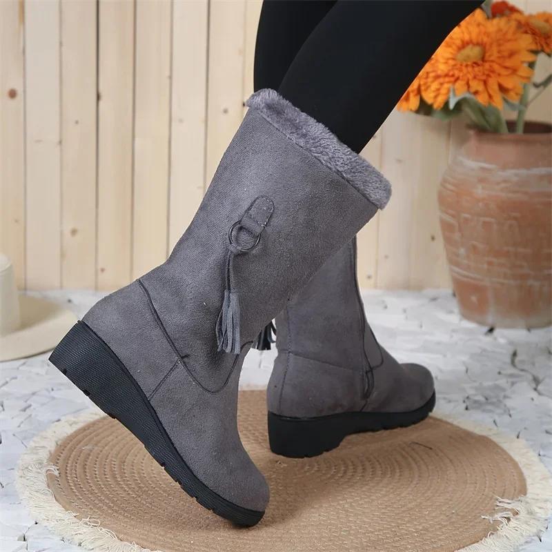 Fashion Women's Shoes Fashion Women Warm Chelsea High Fur Boots 2024 New Women Boots Mid-calf Plush Snow Flat Boots