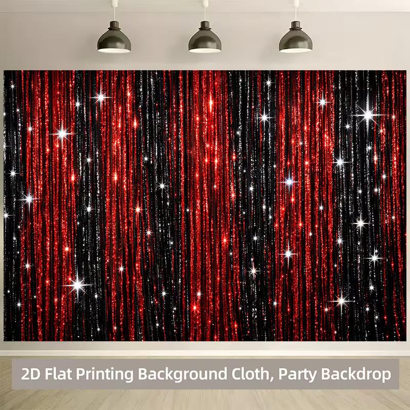 2D Printed Backdrop with Red and Black Glitter Strands and Star Sparkles