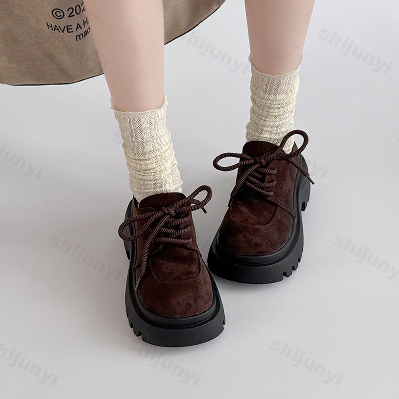 Retro Solid Low Top Thick Soled Lace Up Single Shoes for Women's  Autumn New Fashion Versatile Comfortable Platform Loafers