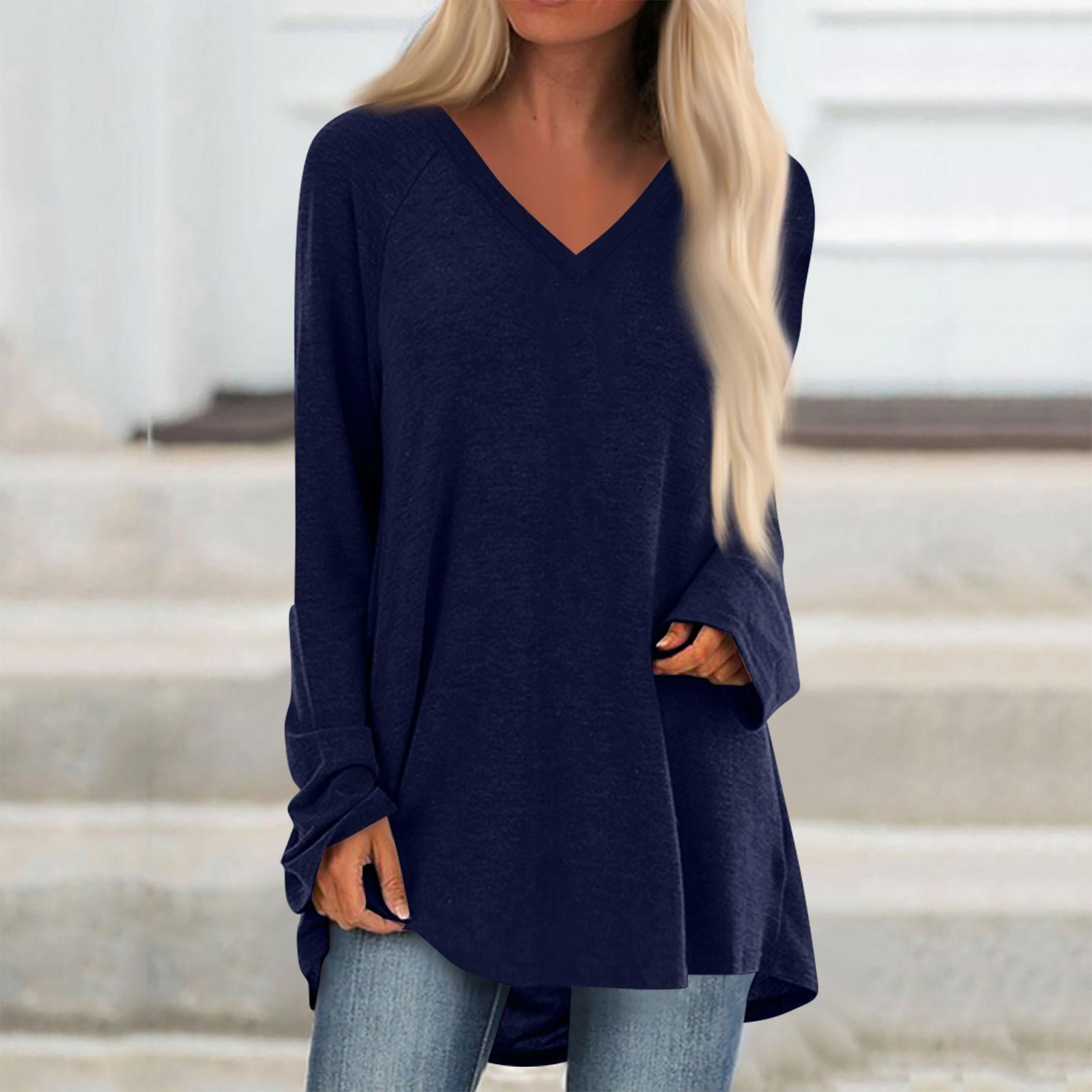 

Жіноча осінньо-зимова однотонна повсякденна довга вільна футболка з довгими рукавами та V-подібним вирізом XXXL Темно-синій