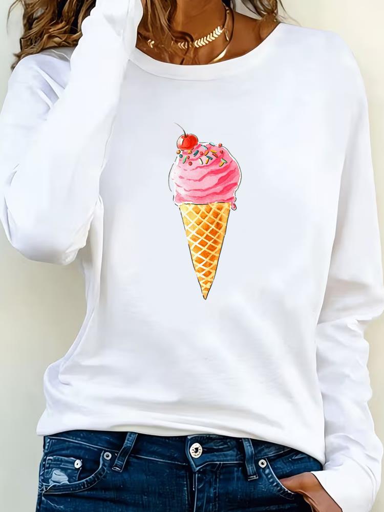(Asian Size) Tee Lady Printed  Female Watercolor Flower Trend Clothing Women T Shirt Casual Fashion Top Long Sleeve  Graphic T-shirts
