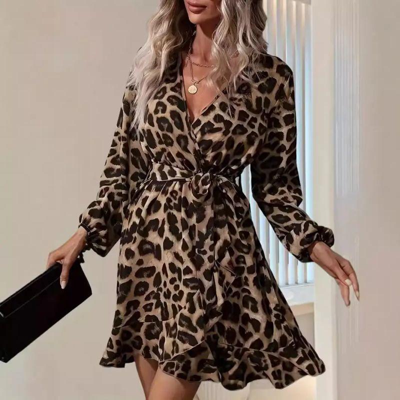 European and American Leopard Print V-neck High Waist Irregular Women's Dress Vacation Short dress Irregular Women's Dress