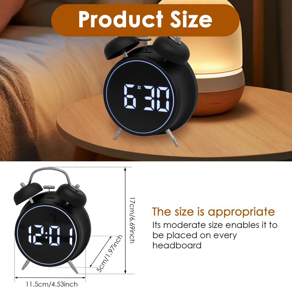 Digital Alarm Clock Metal Double Bell Bedside Alarm with LED Display Silent Table Clock for Heavy Sleepers Adults Kids Xmas Gift