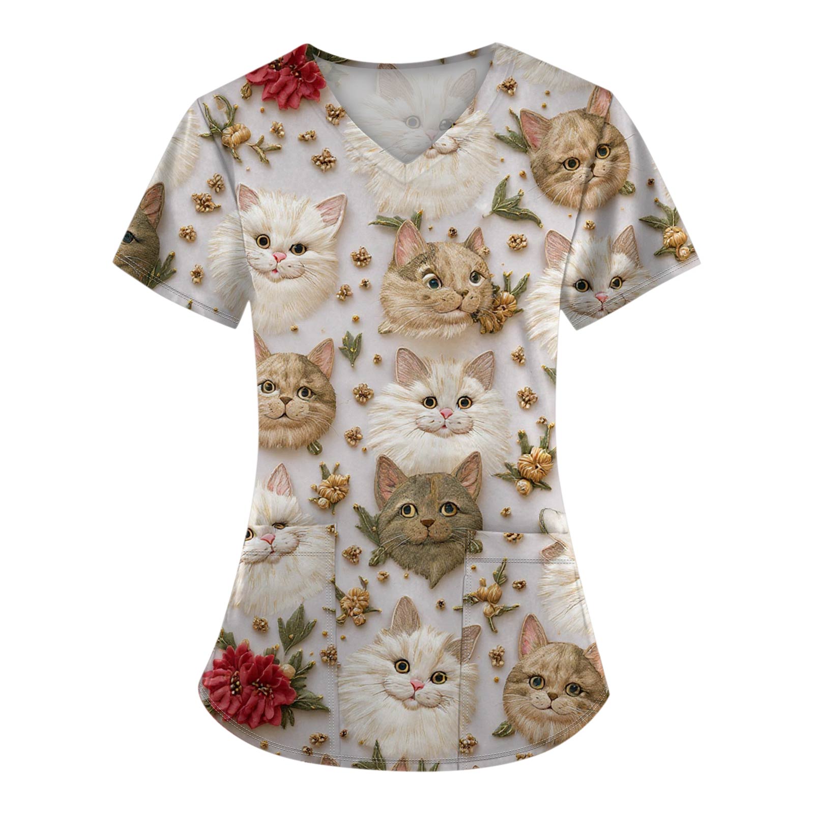 

Женские модные топы с короткими рукавами и V-образным вырезом с принтом, рабочие футболки с карманами L бежевый