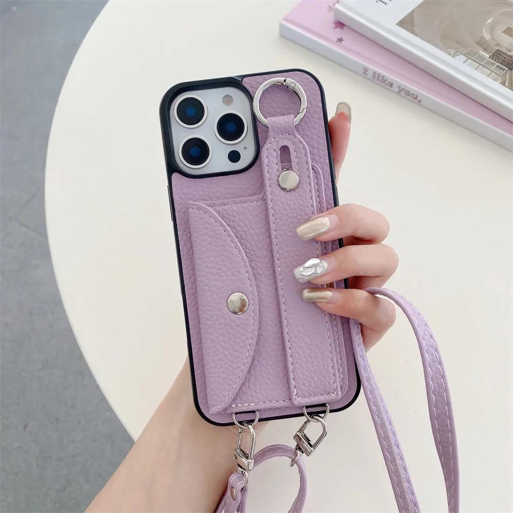 Crossbody Wrist Strap with Card Holder Phone Case for IPhone 16E 16 15 14 Plus 13 12 11 8 7 Pro Max XS Leather Ring Stand Cover