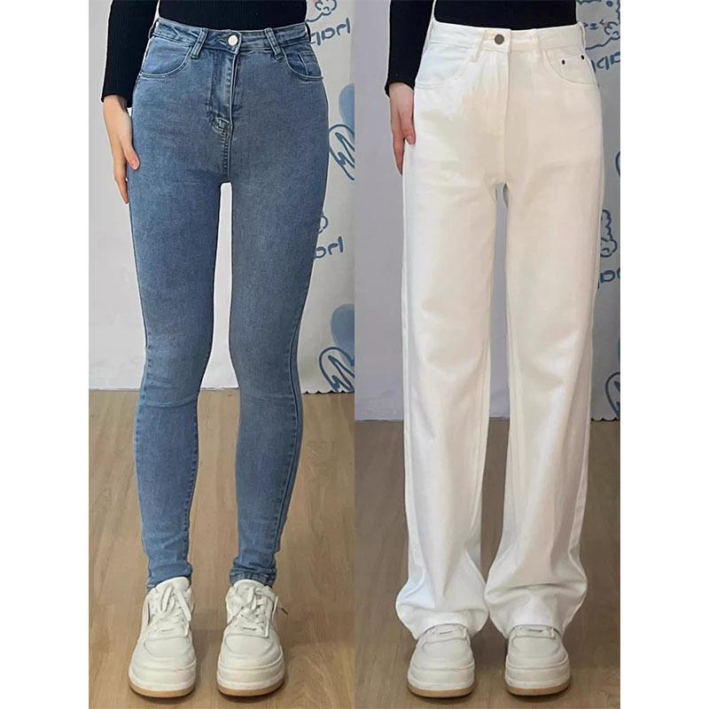 

White High Waist Plus Size Fleece Lined Wide Leg Straight Jeans M