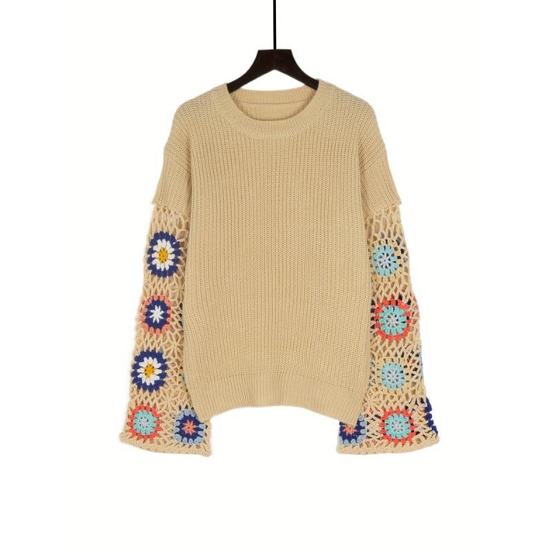 Høst og Vinter Dame Strikk Blussermermer Håndlaget Hul Blandet Farge Heklet Genser Rund Hals Pullover Topper