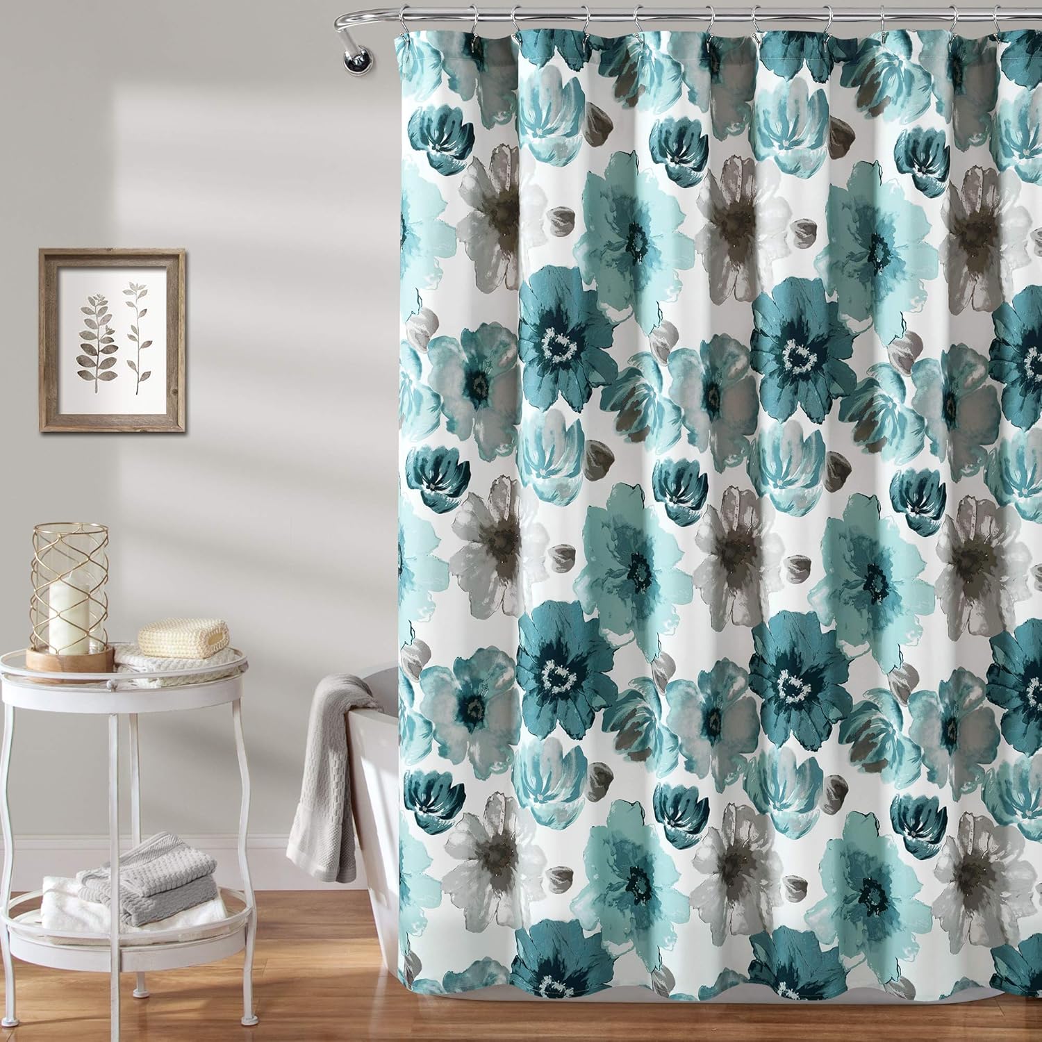 

Lush Decor Leah Floral Shower Curtain, 72 W x 72 L, Blue - Fabric Shower Curtains - Watercolor Botanical Bathroom Curtain - Fa 90x180cm