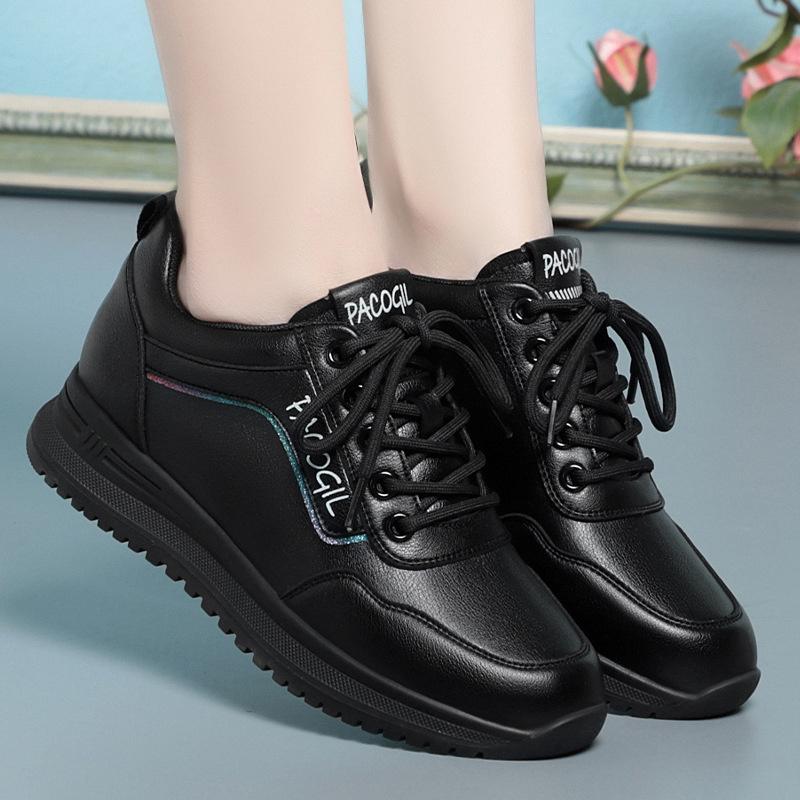 Women Running Autumn Winter Plush Velvet Cotton Soft Leather Shoes Fashion Breathable Lace-Up Solid Casual Sneakers