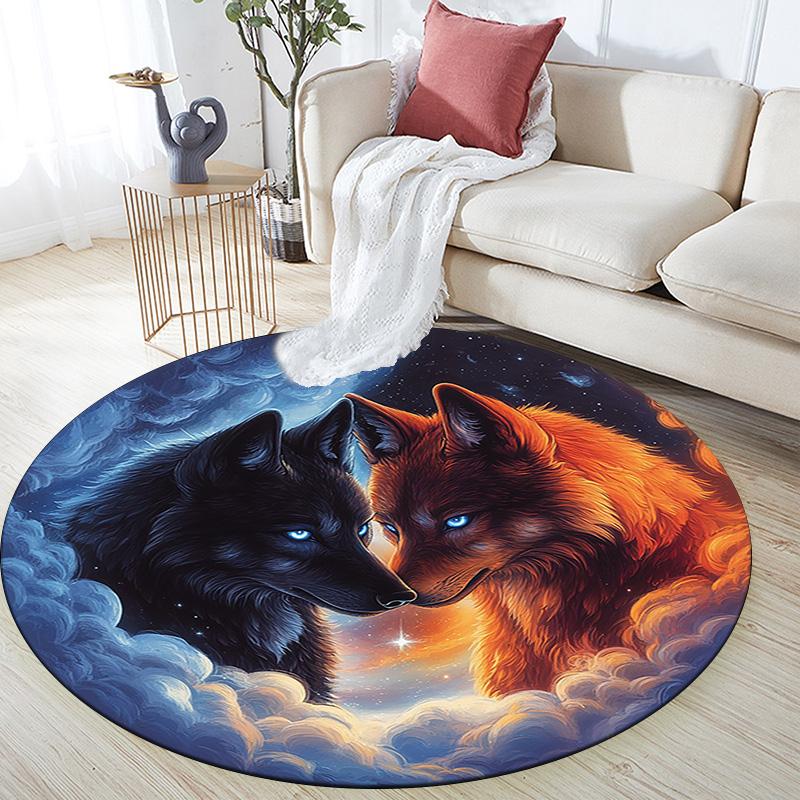 Fire and Ice Wolf Round Area Rug,Carpet Rug for Living Room Bedroom Sofa Playroom Decor,Non-slip Floor Mat