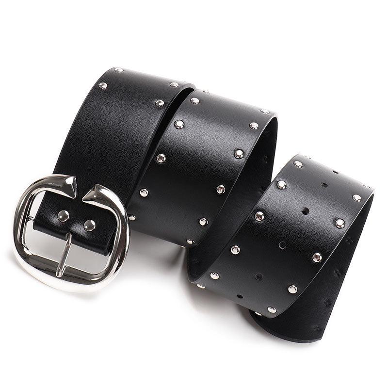 Hop Hip Inspired Women Leather Belt With Double Row Rivets And Large C Buckle
