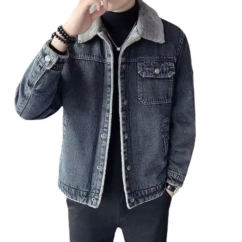 Men's Trendy Korean Style Denim Jacket with Lamb Fur Collar for Autumn and Winter