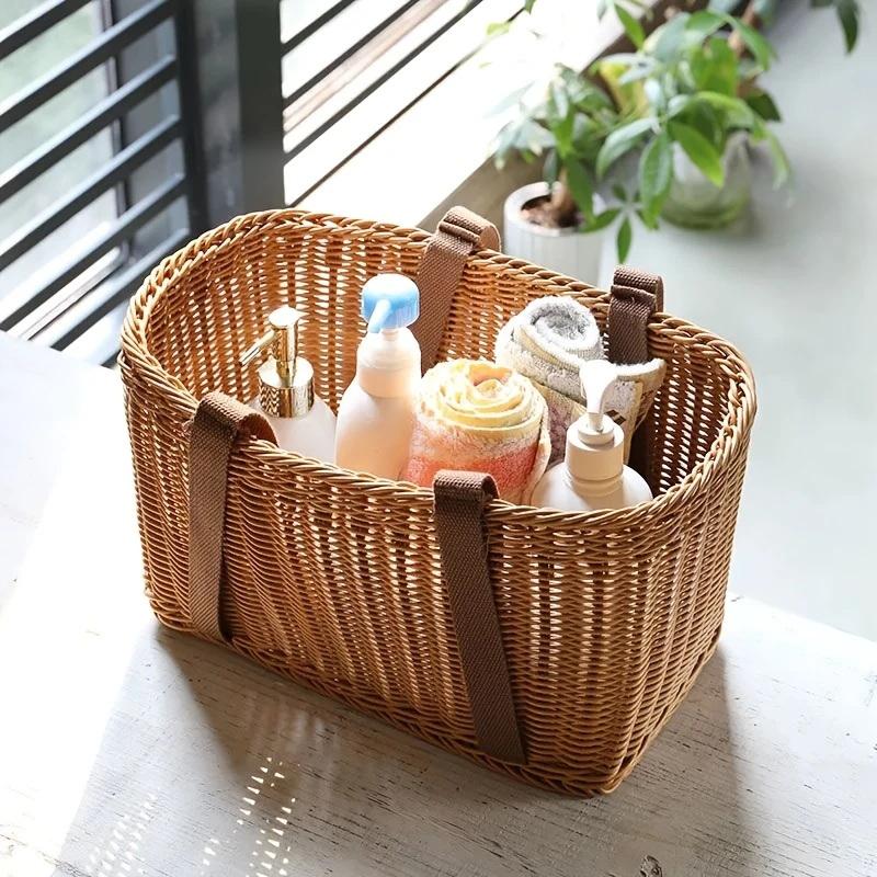 Hand Woven Picnic Basket Imitation Rattan Large Shopping Baskets Fruit Vegetable Storage Basket With Handle