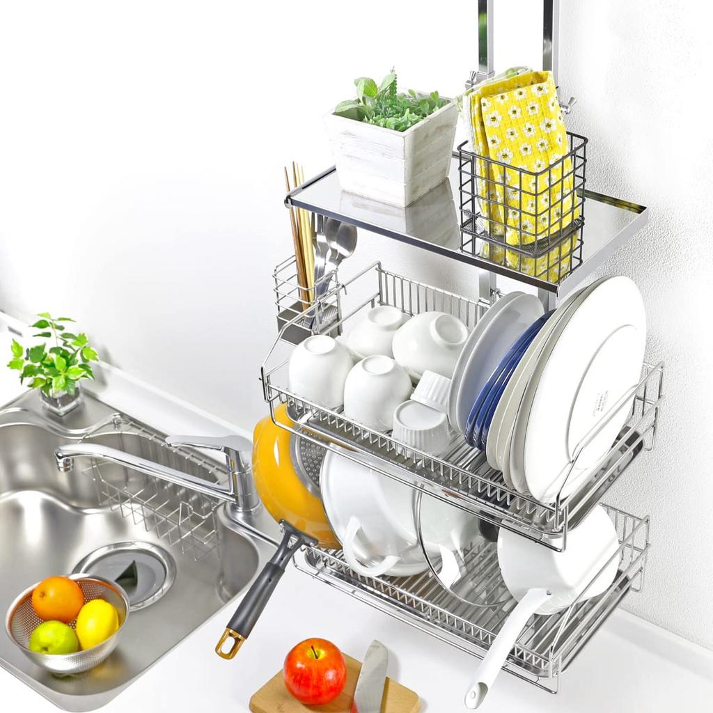 Kawaguchi Kohki Tensioned Drainer Basket Baskets 1 Drainer Rack Above the Sink Kitchen Made in Japan Tsubame Sanjo Large Capacity Slim Tension Cutting