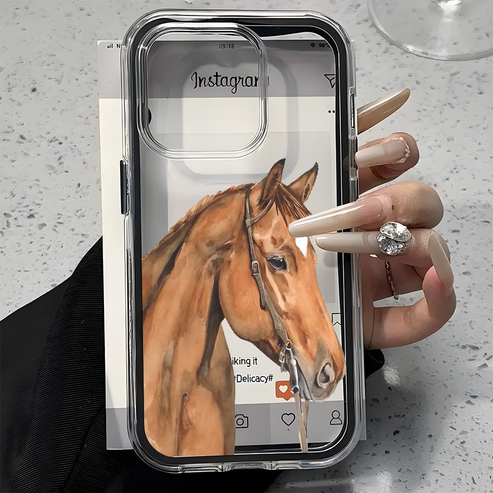 Retro Watercolor Horse Pattern Clear Phone Case For iPhone 17Air 16 15 14 13 12 11 Pro Max 14 Plus 2 In 1 Candy Color Soft Cover