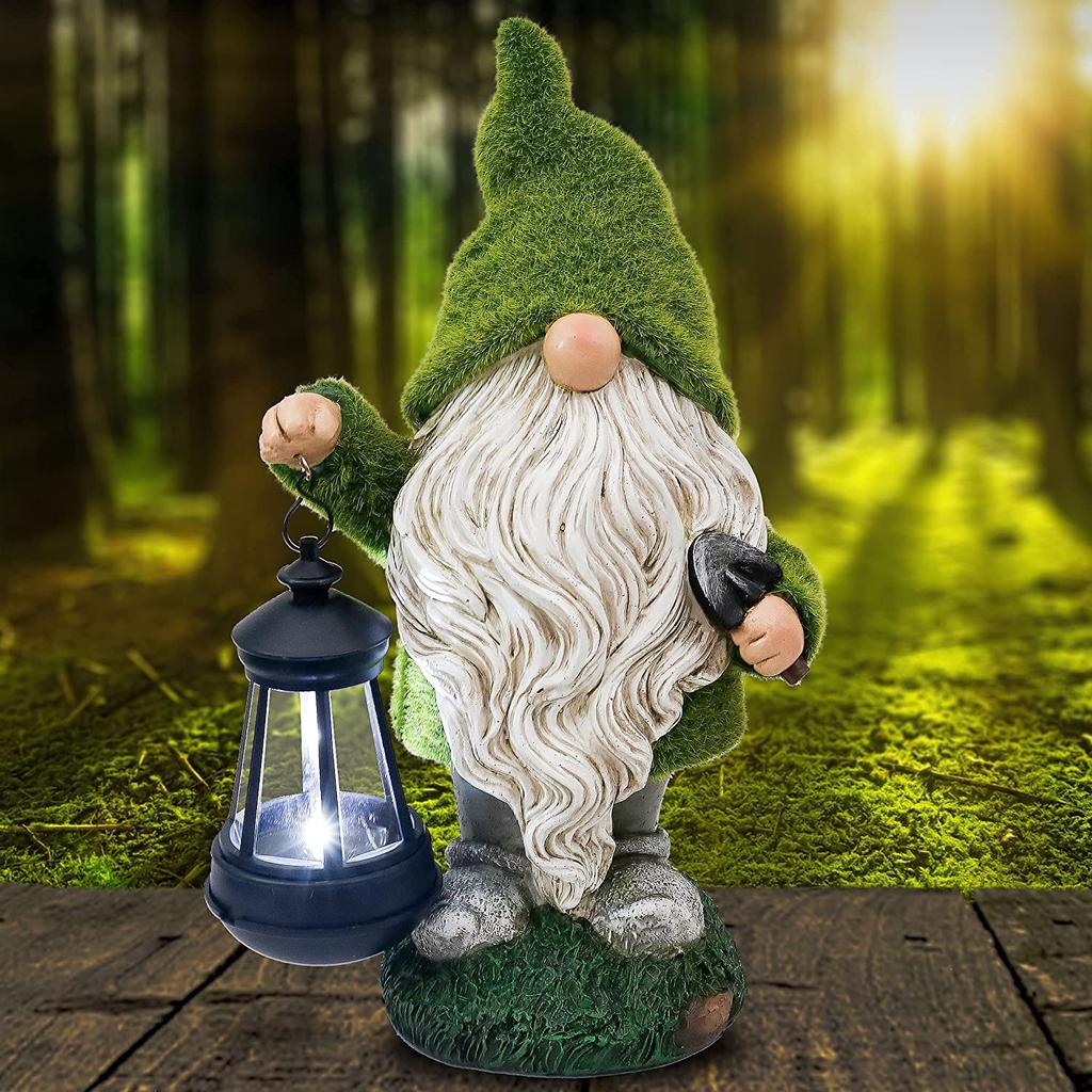 Flocked Garden Gnome Ornaments with Solar Powered Lights Lantern, Waterproof Resin Garden Statue Out