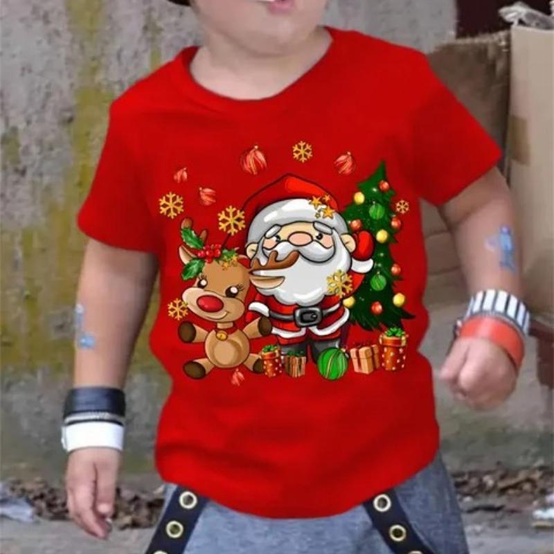 

Детская рождественская футболка с принтом оленя для мальчиков, милый топ с короткими рукавами и круглым вырезом, мягкий и удобный 170