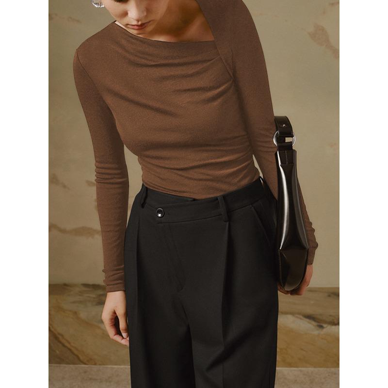 Women's Sexy Slant Neck Long Sleeve Solid Colour Inner Temperament Elegant Top